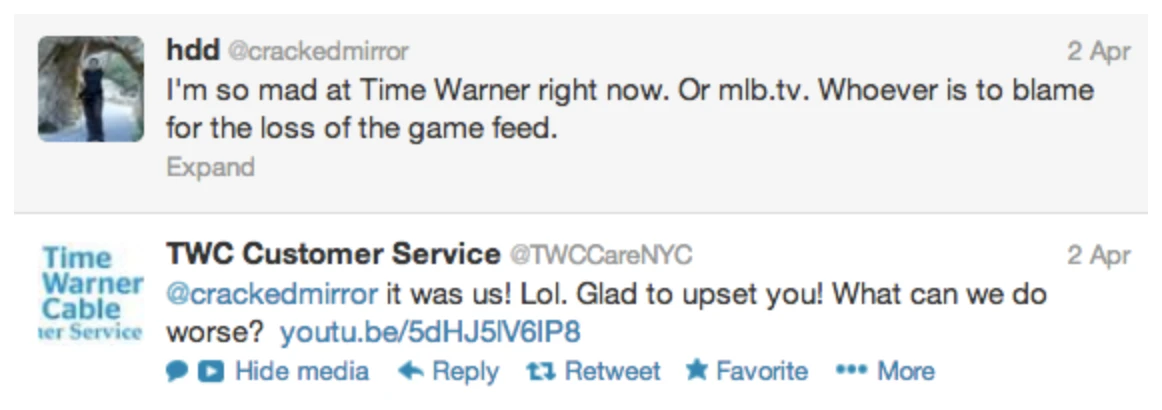 Tweet complaining about TWC policy