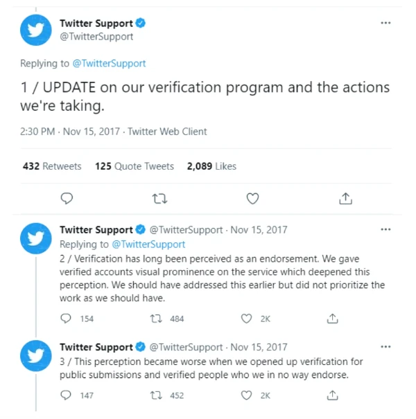 Twitter removes “verified” badge in response to policy violations (2017)